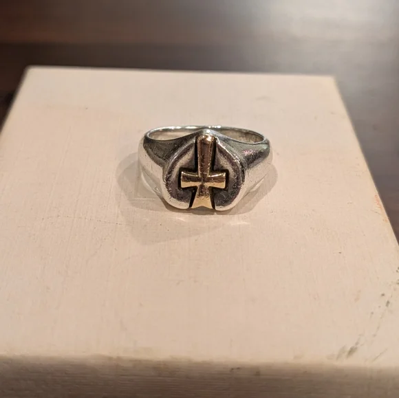 RETIRED James Avery Sterling Silver 14k Gold Heart Cross Ring Size 5.5 - Picture 3 of 8